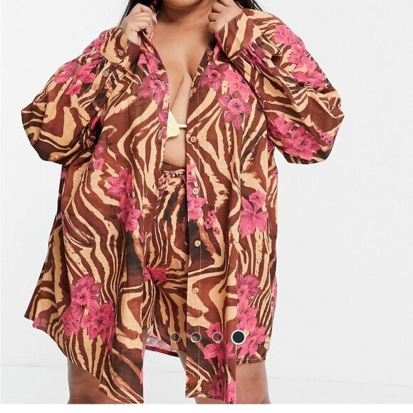 ASOS Curve Tops - ASOS Design curve textured button through beach shirt in zebra tropical print